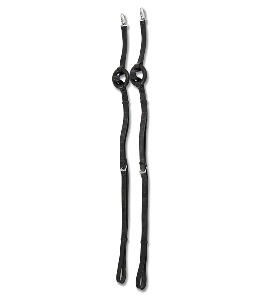 Black leather side reins with metal clasps on a white background