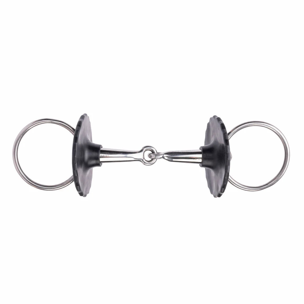 Metal snaffle bit on a white background