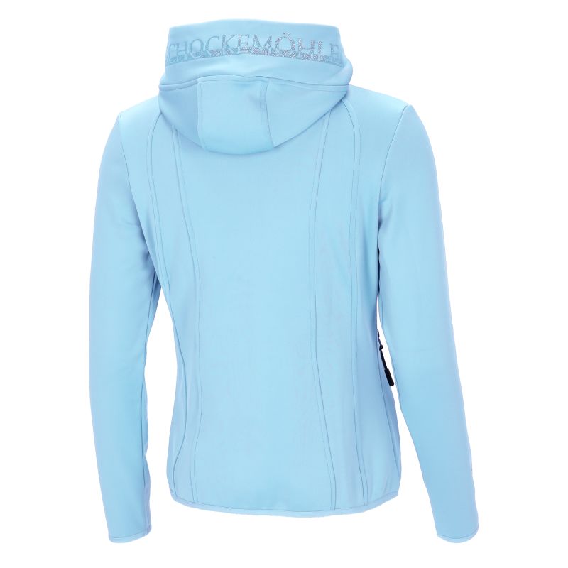 Back of a light blue jacket with a hood with Schockemohle written on the hood in glitter on a white background