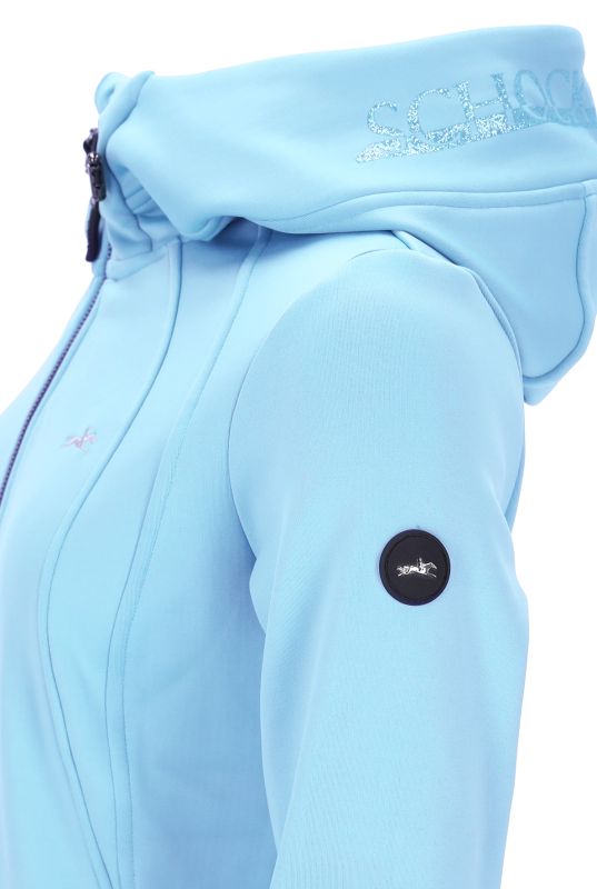 Light blue hoodie with a brand logo on a white background