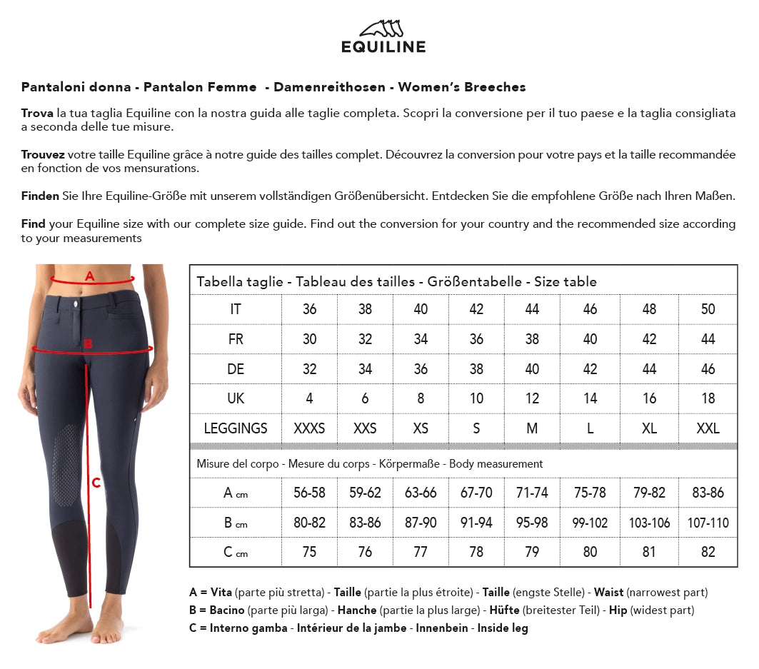 Size chart for Equiline breeches 