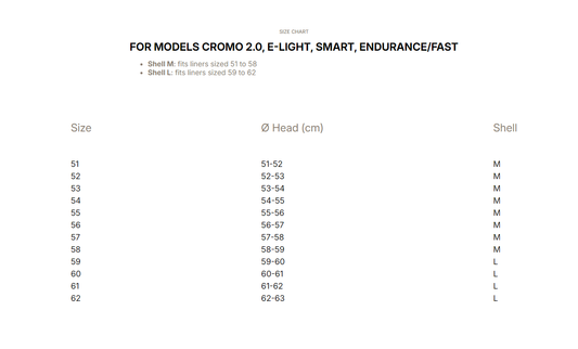 Size chart for KEP Helmets