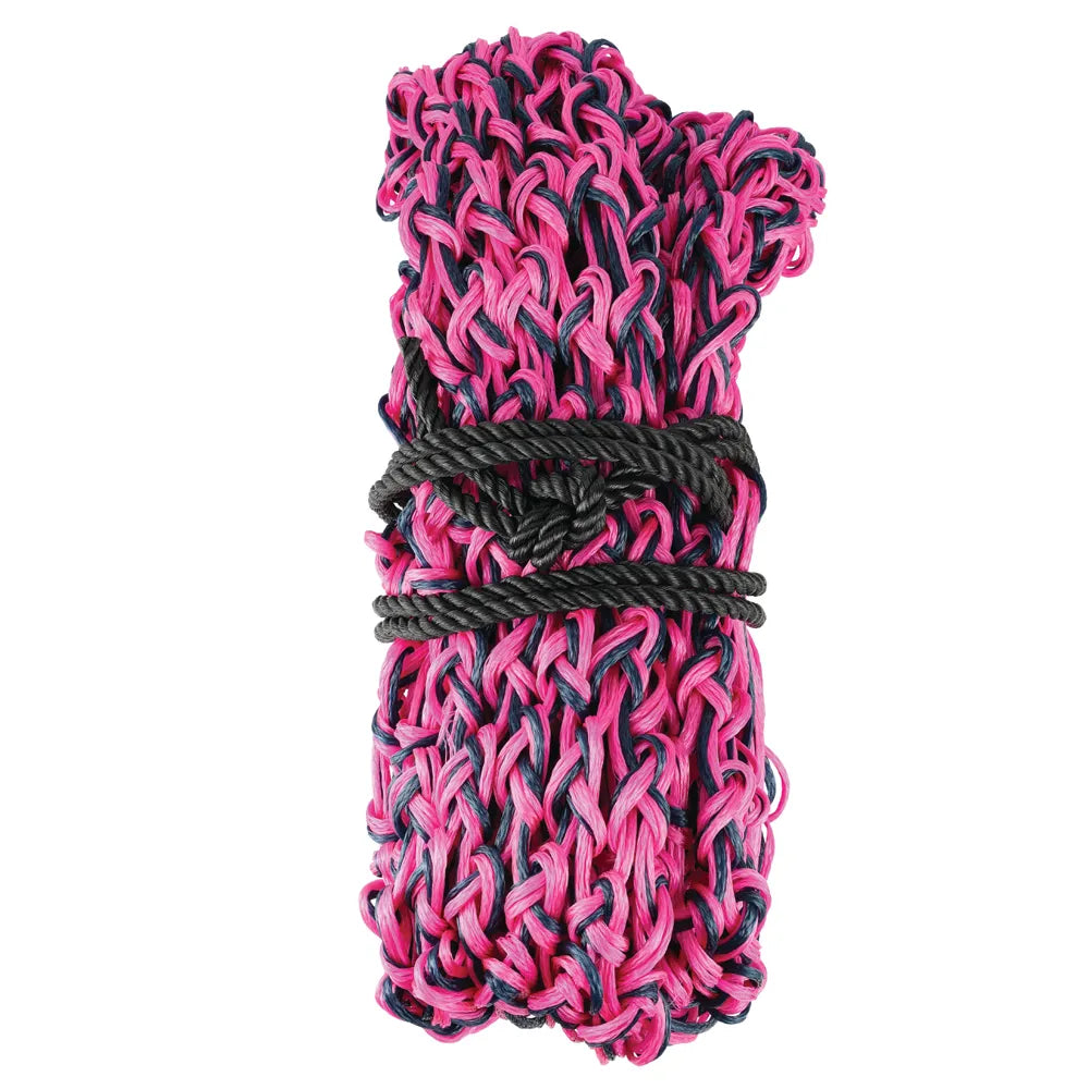 Pink and navy haynet on a white background