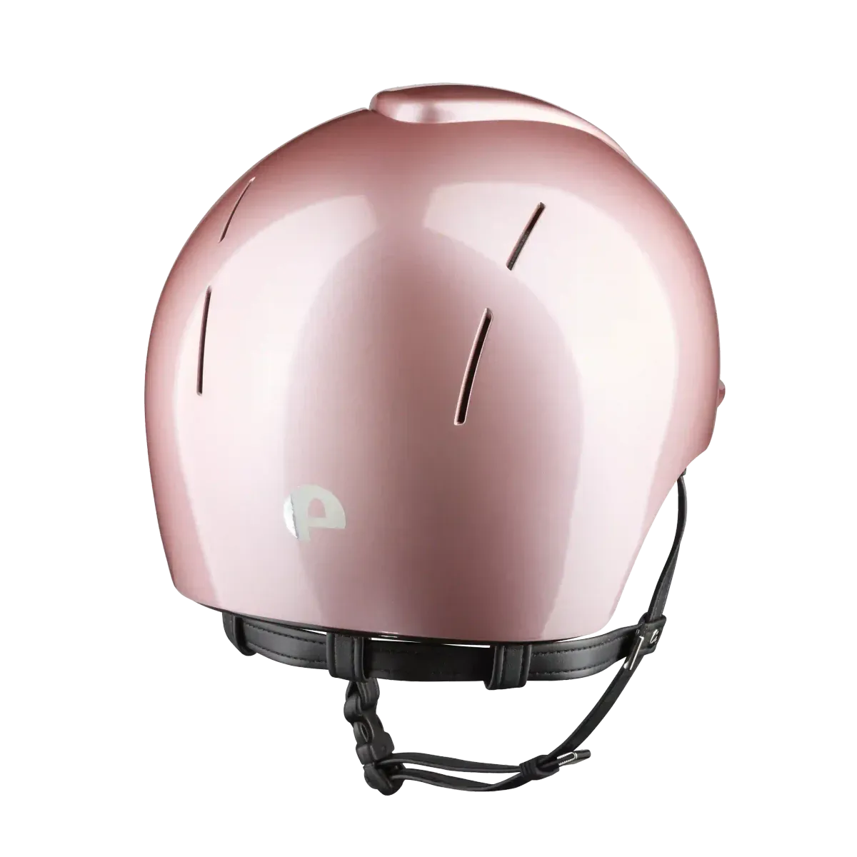 Pink helmet with a black chinstrap on a white background