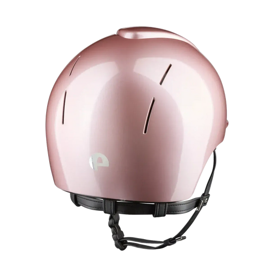 Pink helmet with a black chinstrap on a white background
