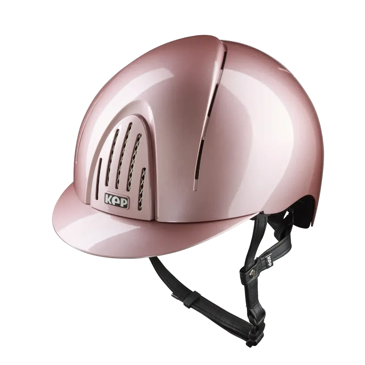 Pink helmet with a black chinstrap on a white background