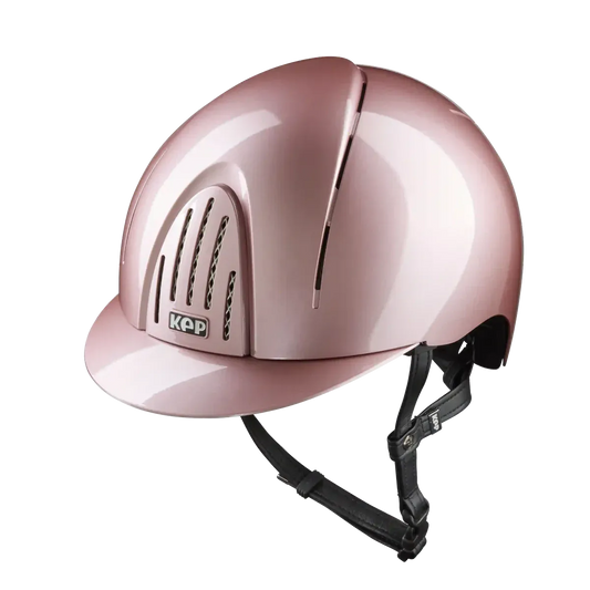 Pink helmet with a black chinstrap on a white background