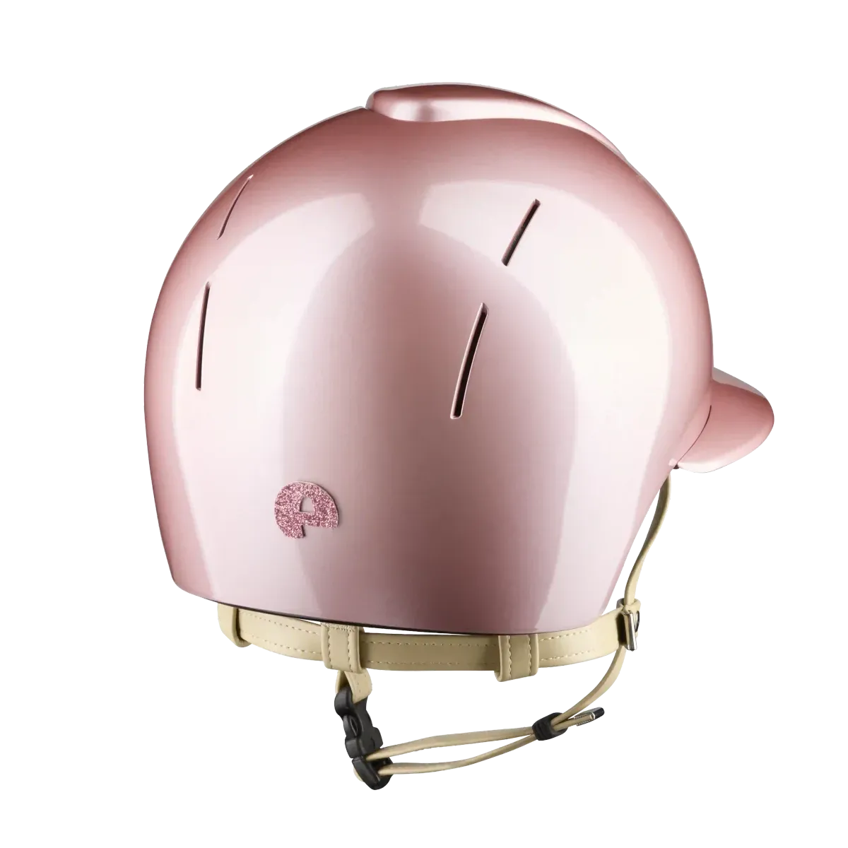 A glossy metallic pink helmet with a matching beige chin strap and a small pink graphic logo on the side, shown against a plain white background.