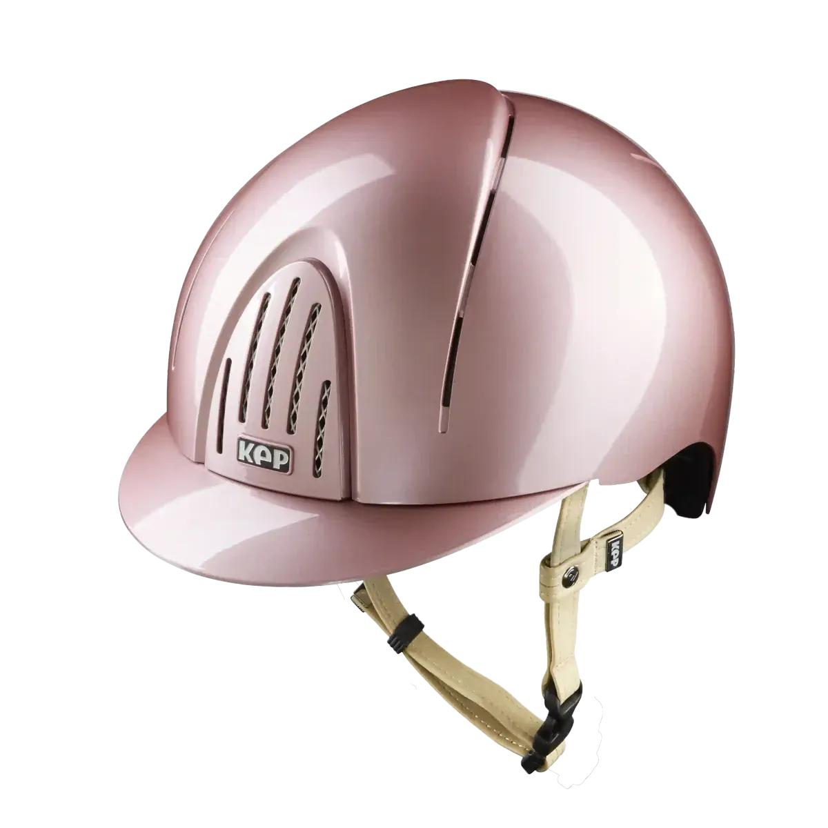 A shiny metallic pink equestrian riding helmet with a visor and beige chin strap, featuring the KEP brand logo on the side.