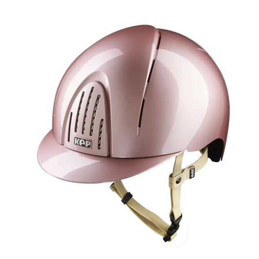 A shiny metallic pink equestrian riding helmet with a visor and beige chin strap, featuring the KEP brand logo on the side.