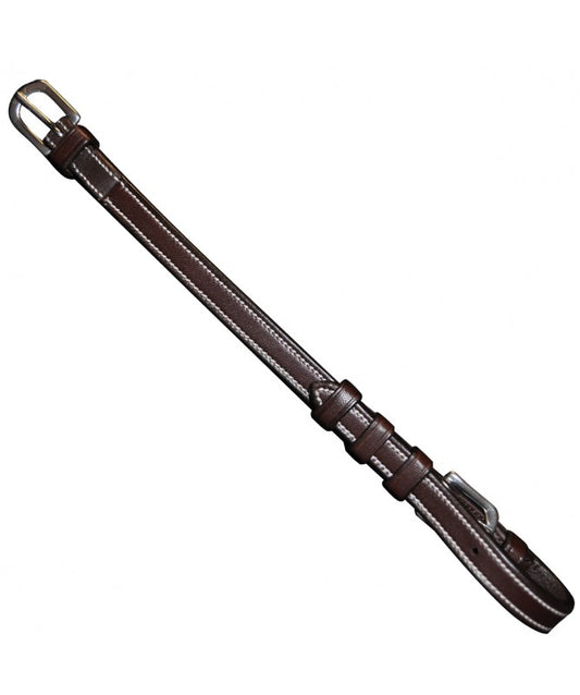 A dark brown leather strap with white contrast stitching and silver-tone metal hardware, shown diagonally on a plain white background.