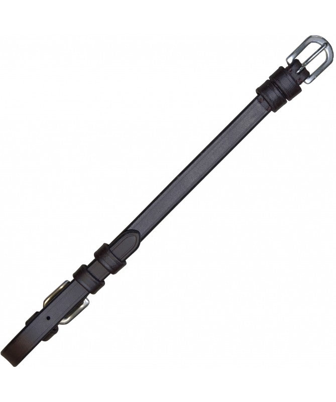 A black leather strap accessory with silver-toned metal hardware, including a buckle, shown on a plain white background.