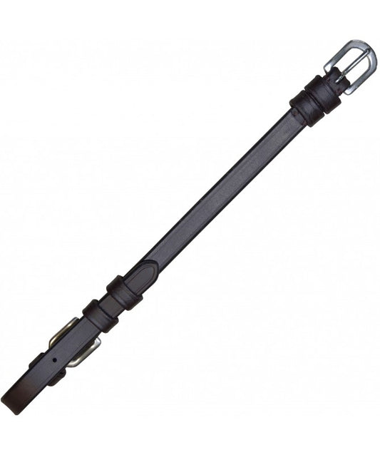 A black leather strap accessory with silver-toned metal hardware, including a buckle, shown on a plain white background.