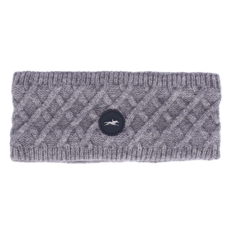 Gray knitted headband with a logo on a white background