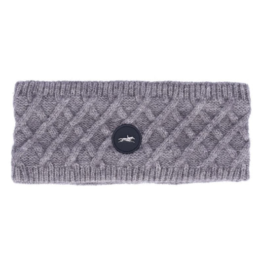 Gray knitted headband with a logo on a white background
