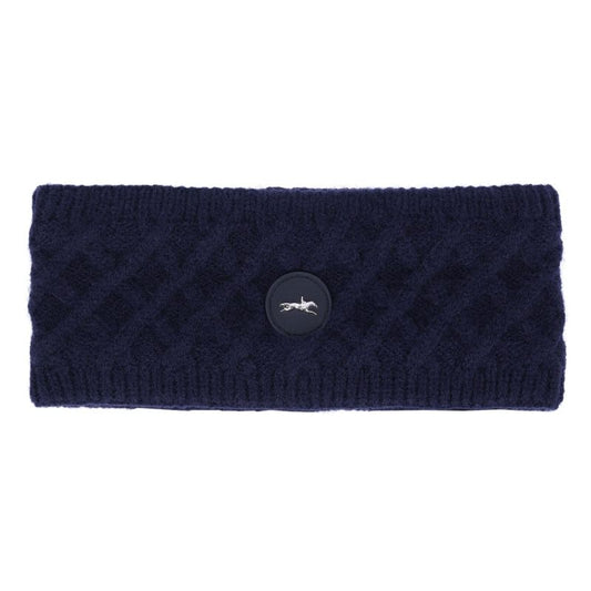 Navy knitted headband with a button on a white background