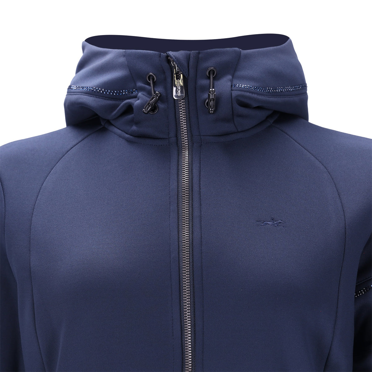 Navy blue sweat jacket with rhinestones on the hood on a white background