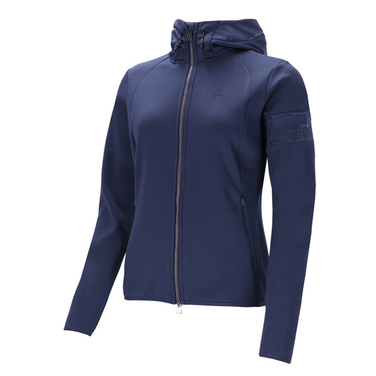 Navy blue sweat jacket with rhinestones on the hood and sleeve on a white background