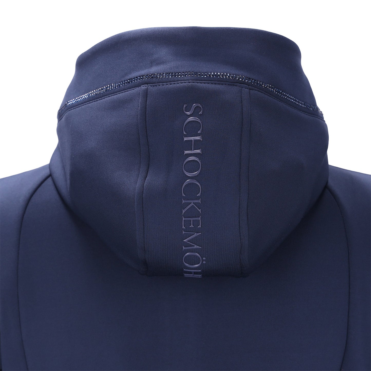 Navy blue sweat jacket with rhinestones on the hood on a white background