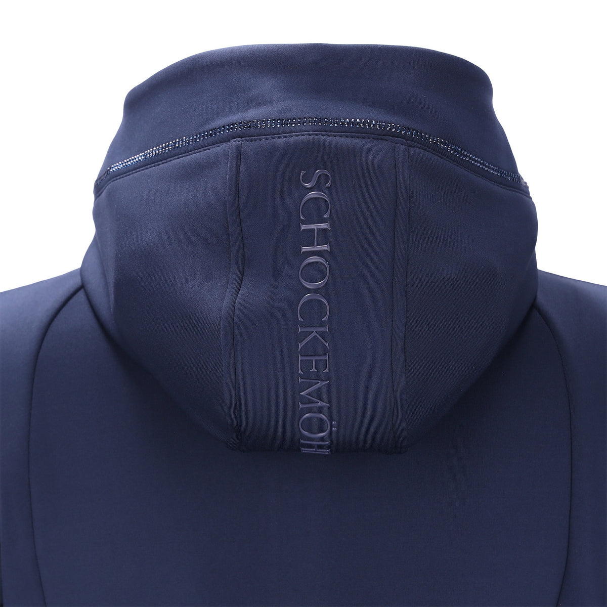 Navy blue sweat jacket with rhinestones on the hood on a white background