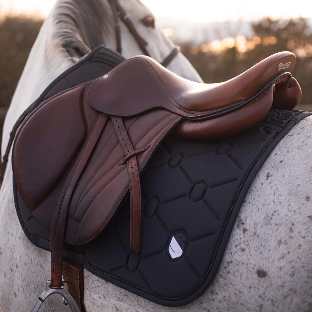 Brown leather saddle on a horse with a blurred natural background