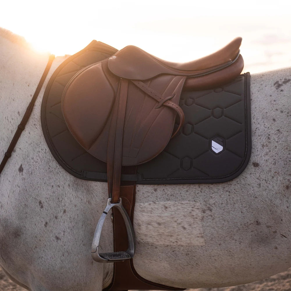 Brown saddle on a horse with a sunset background