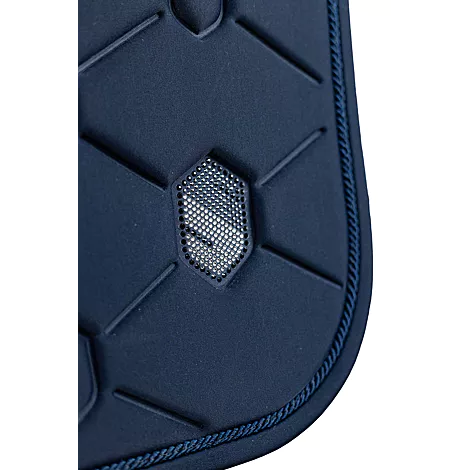 Close-up of a blue saddle pad with crystal detail