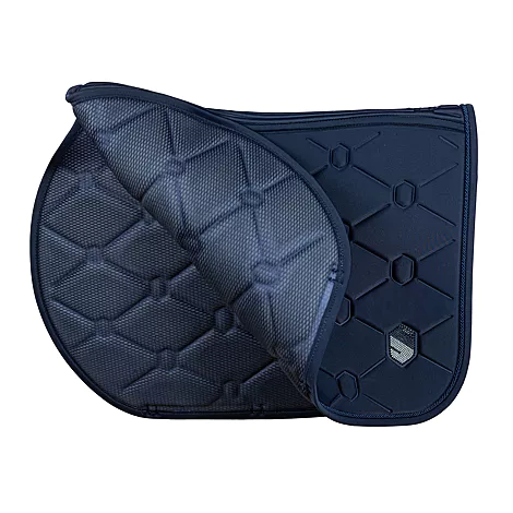 Navy blue saddle pad with textured pattern on a white background
