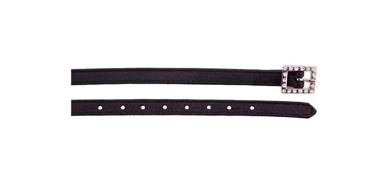 A black leather spur strap with a square silver-tone buckle embellished with clear rhinestones, shown against a plain white background.