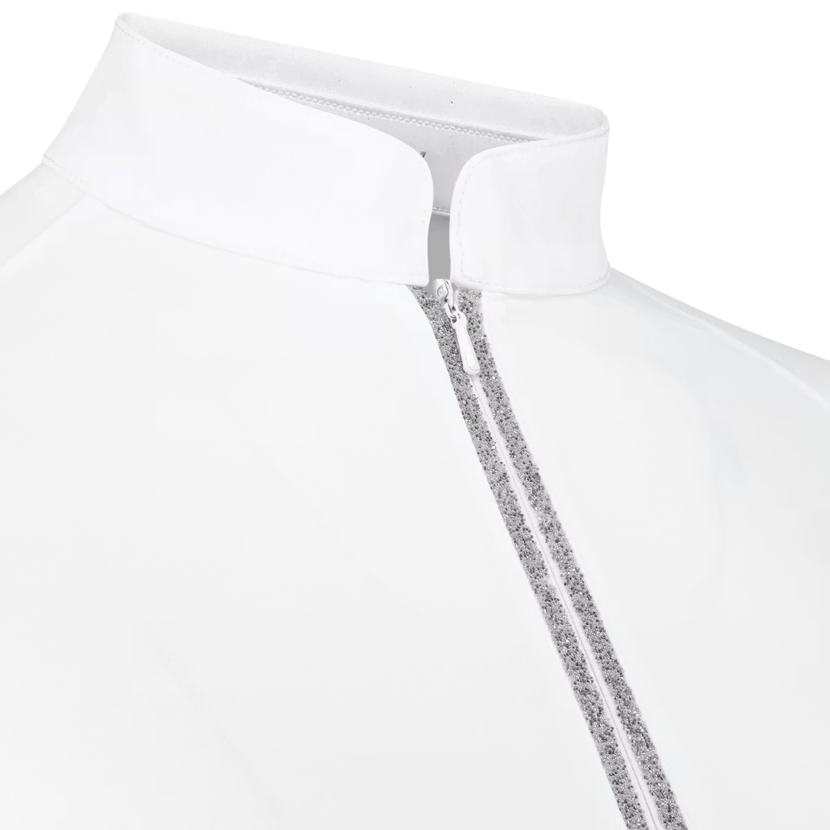 Close-up of a white shirt with a collar and sleeve details on a white background