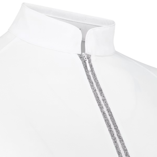 Close-up of a white shirt with a collar and sleeve details on a white background