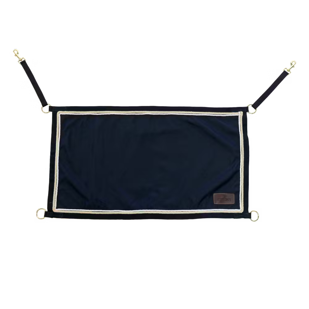 Navy blue stable guard with decorative trim on a white background