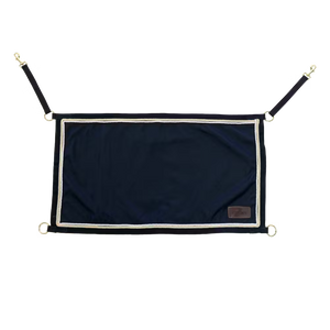 Navy blue stable guard with decorative trim on a white background