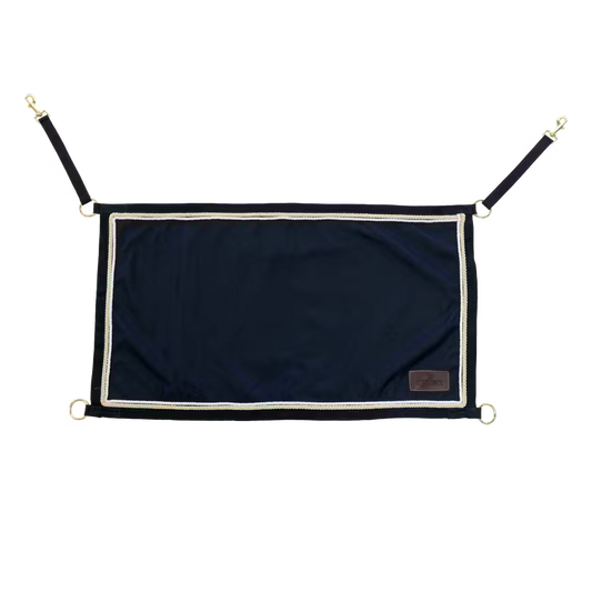 Navy blue stable guard with decorative trim on a white background