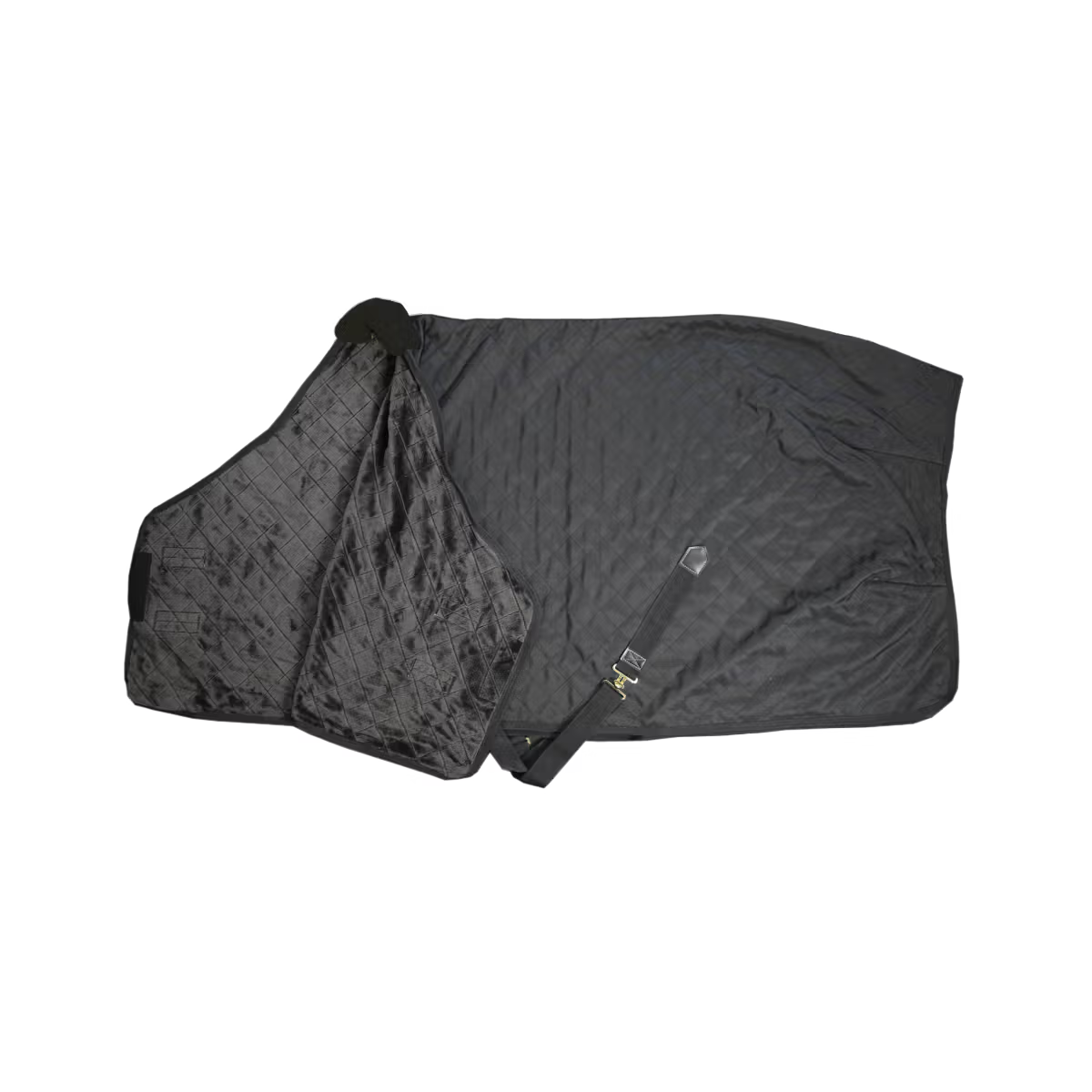 Black quilted horse blanket with straps on a white background