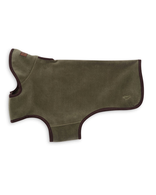 Green dog coat with brown trim on a white background