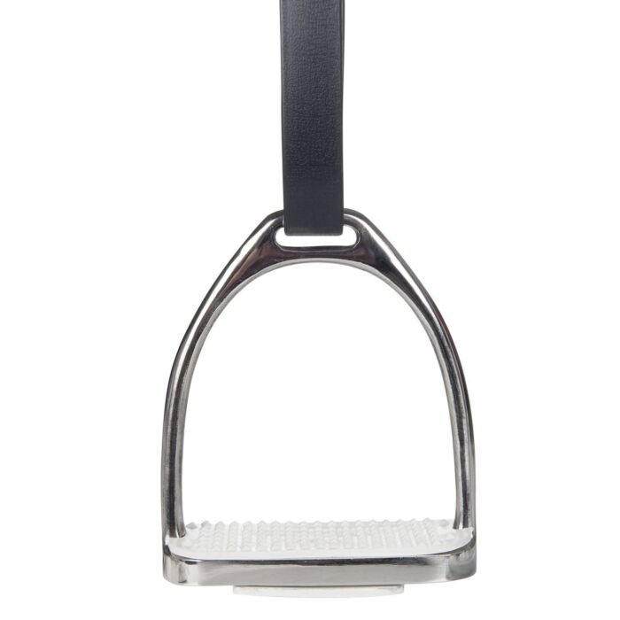 A single horse riding stirrup with a textured white footbed, and a black strap at the top, shown on a plain white background.
