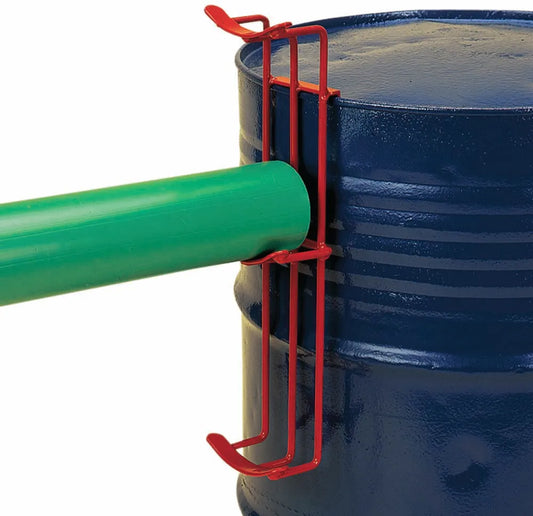 Blue barrel with a green pipe and red metal jump cup on a white background
