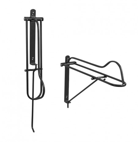 Black metal wall-mounted saddle rack on a white background
