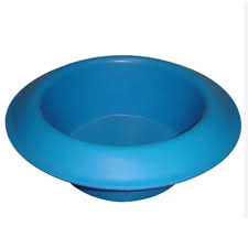 A bright blue plastic bowl with a wide rim, shown against a plain white background.