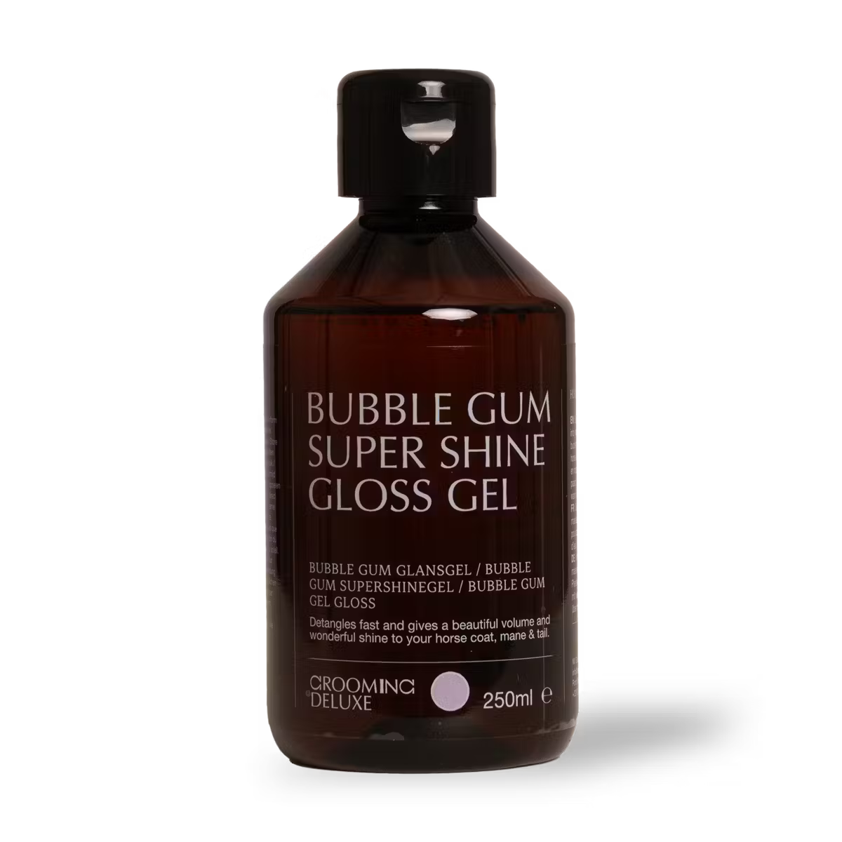 Bottle of Bubble Gum Super Shine Gloss Gel with a black cap on a white background