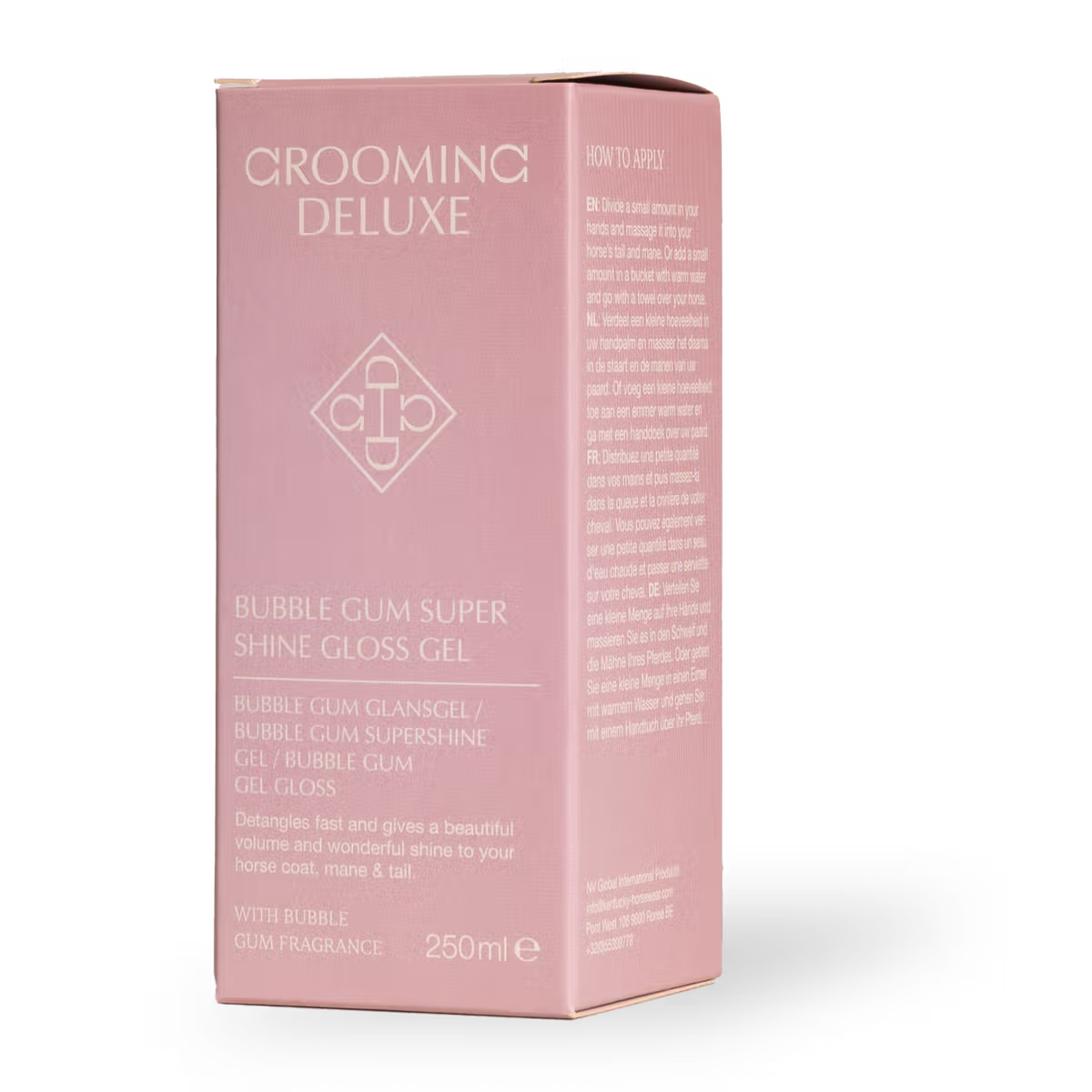 Pink packaging of Grooming Deluxe Bubble Gum Super Shine Gloss Gel on a white background