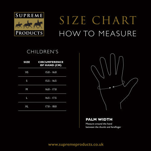 Size chart for children's hand measurements with Supreme Products logo on a black background
