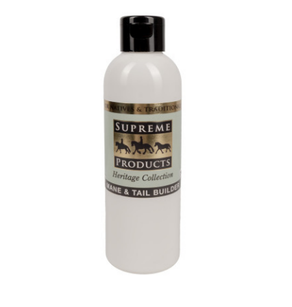 A white plastic bottle of Supreme Products Hair & Tail Builder with a black cap and a beige and black label, shown on a plain white background.