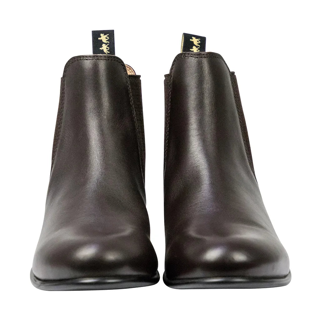 Pair of dark brown leather boots on a white background