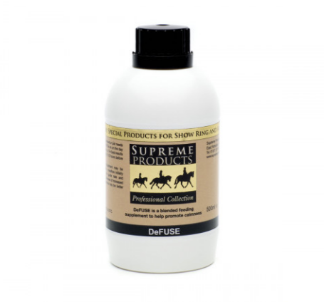 A white bottle of Supreme Products DeFUSE supplement with a black cap and a beige and black label, set against a plain white background.