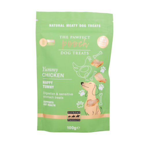 A 100g stand-up pouch of The Pawfect Pooh Yummy Chicken dog treats on a plain white background. The packaging is light green with white text and illustrations of a dog, chicken, and treats.