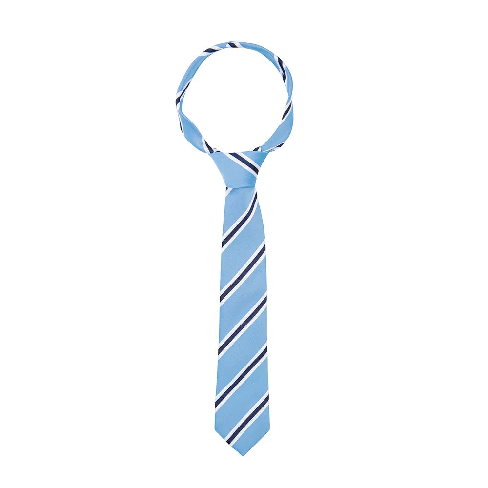 A blue show tie with a striped pattern, displayed against a white background.