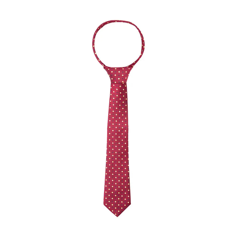 Red tie with white polka dots on a white background