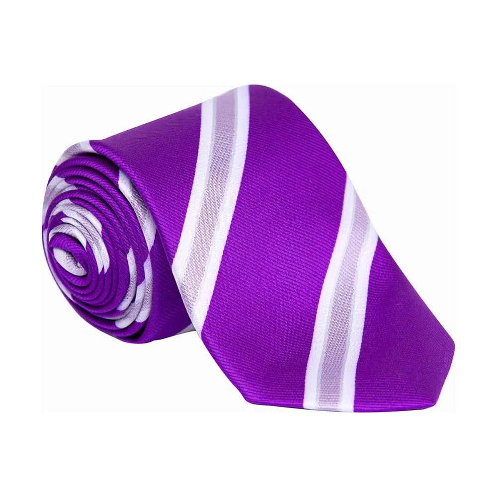 Purple tie with white stripes on a white background